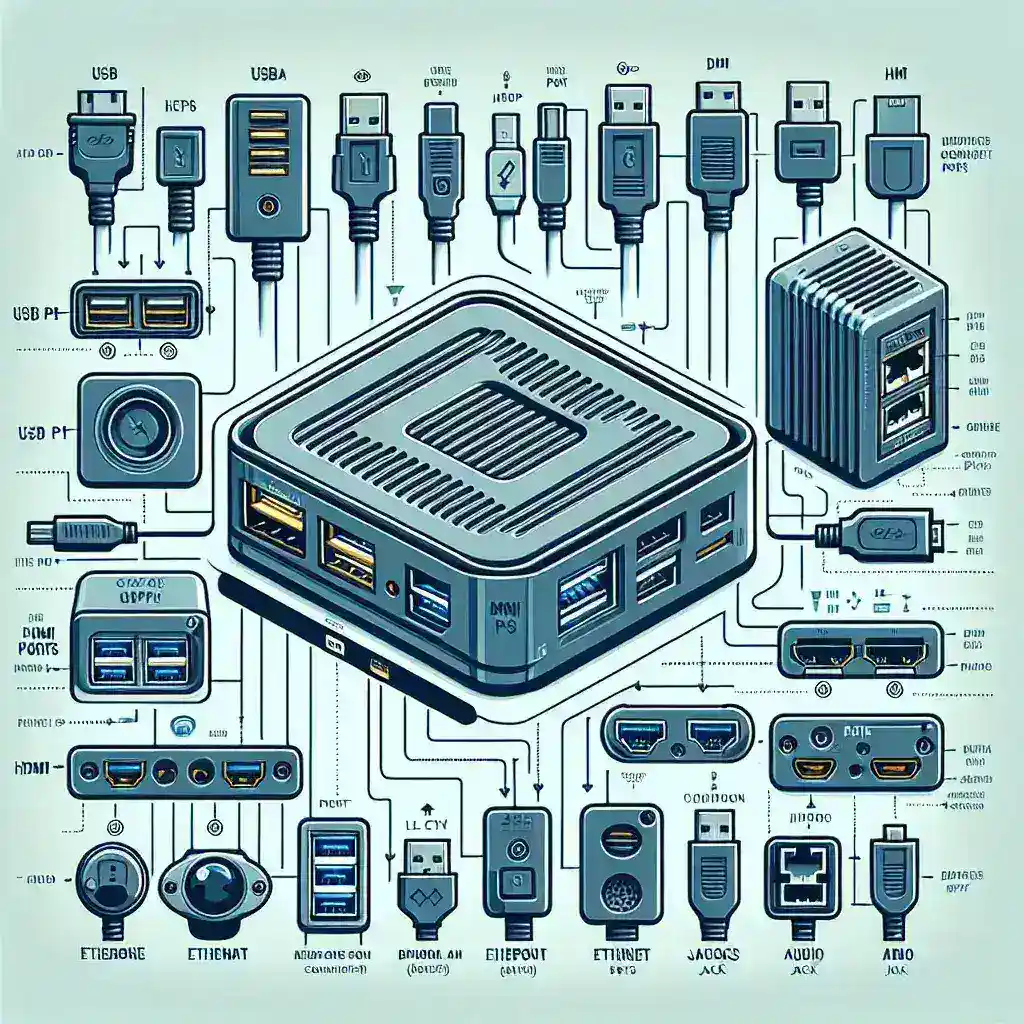"Detailed illustration of various connectivity ports on Lenovo Mini PCs, including USB, HDMI, Ethernet, and audio jacks, highlighting the versatility and functionality of Lenovo Mini PC designs."